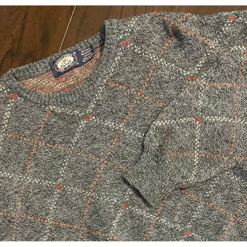 VTG Knights Bridge Sweater Mens M Grey Argyle Wool Blend Italy Made Retro Preppy